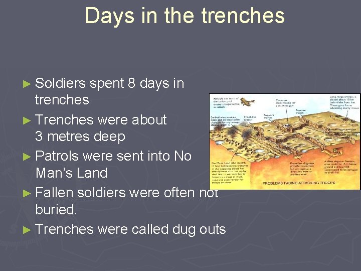 Days in the trenches ► Soldiers spent 8 days in trenches ► Trenches were