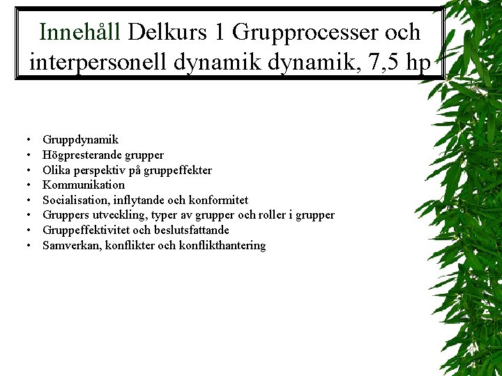 Innehåll Delkurs 1 Grupprocesser och interpersonell dynamik, 7, 5 hp • • Gruppdynamik Högpresterande