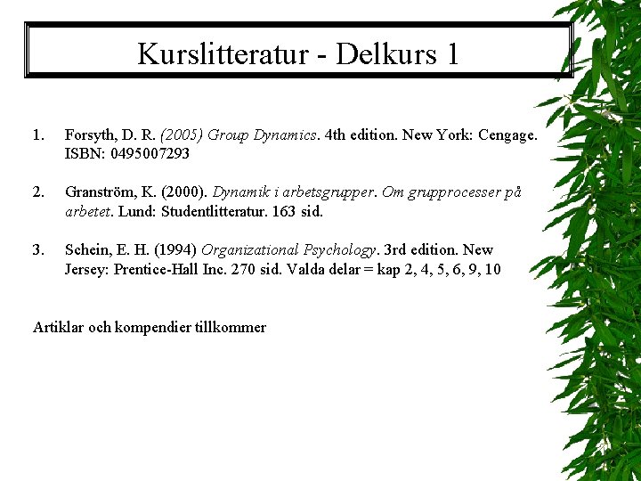 Kurslitteratur - Delkurs 1 1. 2. 3. Forsyth, D. R. (2005) Group Dynamics. 4