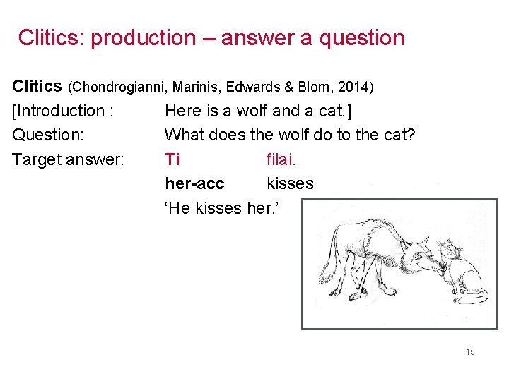 Clitics: production – answer a question Clitics (Chondrogianni, Marinis, Edwards & Blom, 2014) [Introduction