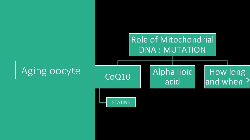 Role of Mitochondrial DNA : MUTATION Aging oocyte Co. Q 10 STATINS Alpha lioic