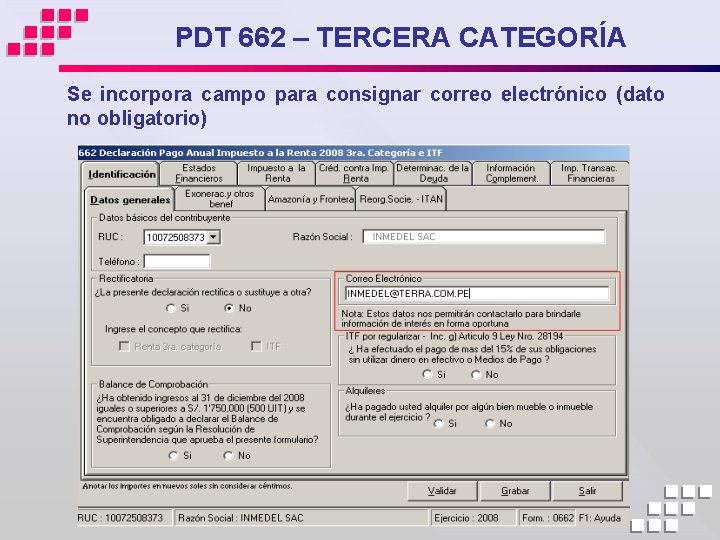 PDT 662 – TERCERA CATEGORÍA Se incorpora campo para consignar correo electrónico (dato no