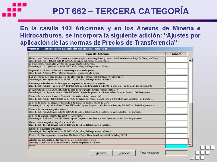 PDT 662 – TERCERA CATEGORÍA En la casilla 103 Adiciones y en los Anexos