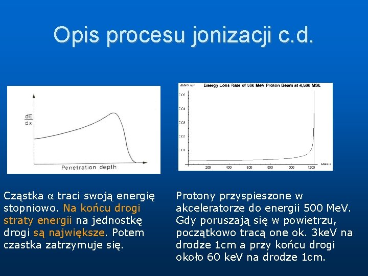 Opis procesu jonizacji c. d. Cząstka traci swoją energię stopniowo. Na końcu drogi straty