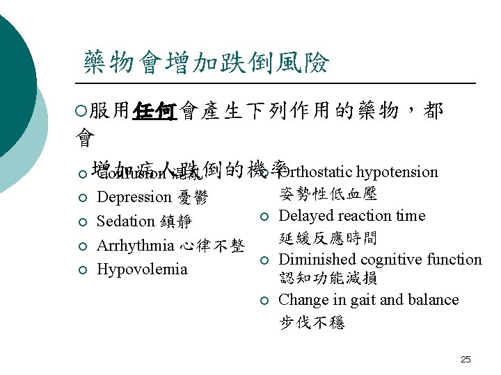 藥物會增加跌倒風險 ¡服用任何會產生下列作用的藥物，都 會 ¡ Orthostatic hypotension ¡ 增加病人跌倒的機率 Confusion 混亂 ¡ ¡ Depression 憂鬱