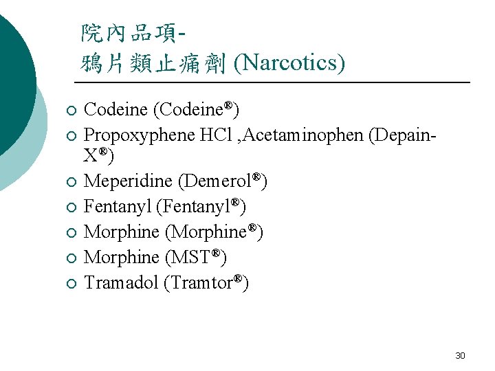 院內品項鴉片類止痛劑 (Narcotics) ¡ ¡ ¡ ¡ Codeine (Codeine®) Propoxyphene HCl , Acetaminophen (Depain. X® 院內品項鴉片類止痛劑 (Narcotics) ¡ ¡ ¡ ¡ Codeine (Codeine®) Propoxyphene HCl , Acetaminophen (Depain. X®