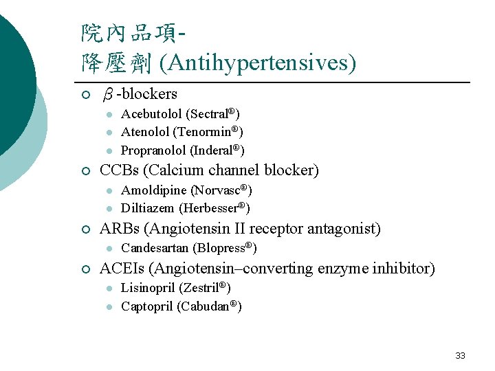 院內品項降壓劑 (Antihypertensives) ¡ β-blockers l l l ¡ CCBs (Calcium channel blocker) l l