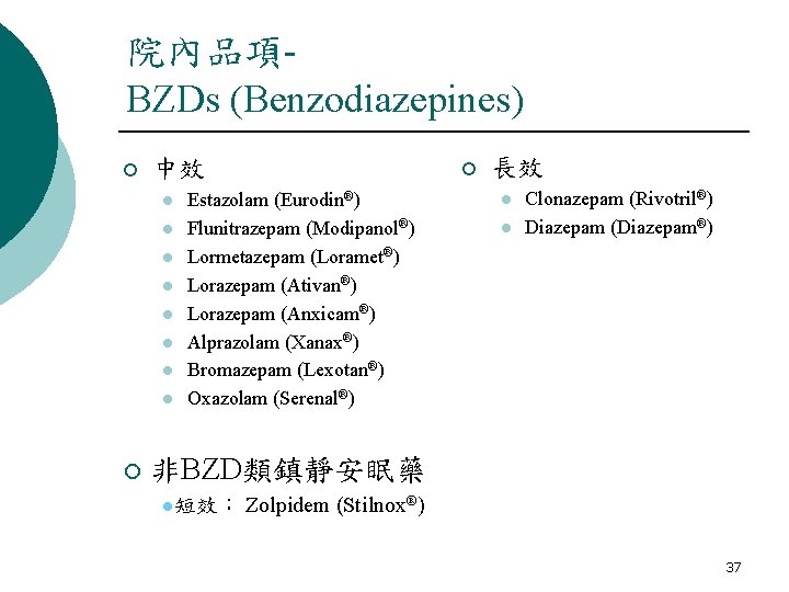 院內品項BZDs (Benzodiazepines) ¡ 中效 l l l l ¡ ¡ Estazolam (Eurodin®) Flunitrazepam (Modipanol®)