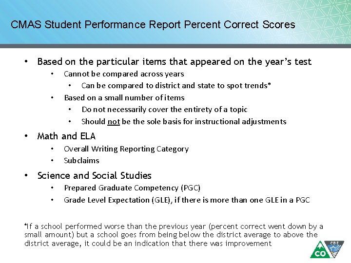 CMAS Student Performance Report Percent Correct Scores • Based on the particular items that CMAS Student Performance Report Percent Correct Scores • Based on the particular items that