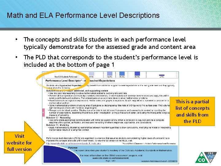Math and ELA Performance Level Descriptions • The concepts and skills students in each Math and ELA Performance Level Descriptions • The concepts and skills students in each