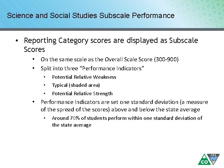 Science and Social Studies Subscale Performance • Reporting Category scores are displayed as Subscale Science and Social Studies Subscale Performance • Reporting Category scores are displayed as Subscale