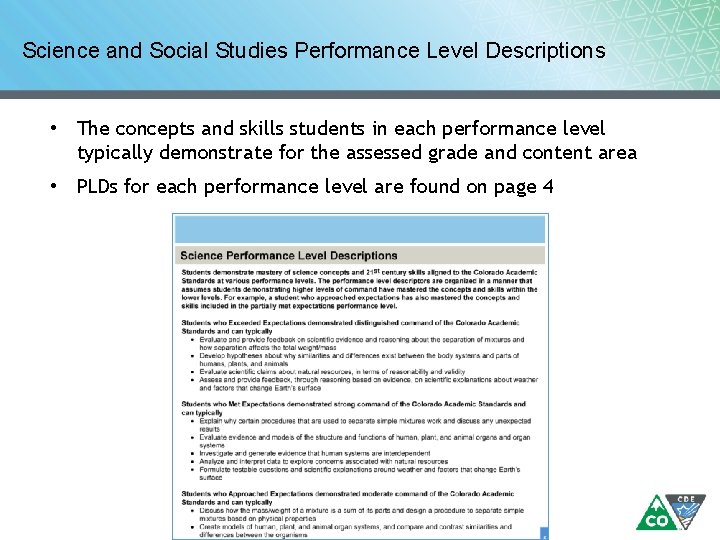 Science and Social Studies Performance Level Descriptions • The concepts and skills students in Science and Social Studies Performance Level Descriptions • The concepts and skills students in