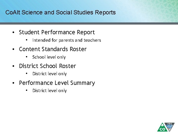 Co. Alt Science and Social Studies Reports • Student Performance Report • Intended for Co. Alt Science and Social Studies Reports • Student Performance Report • Intended for