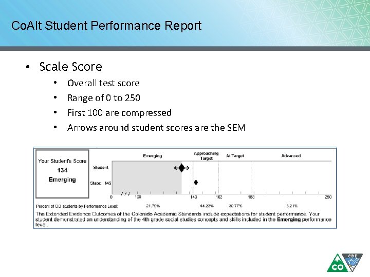 Co. Alt Student Performance Report • Scale Score • • Overall test score Range Co. Alt Student Performance Report • Scale Score • • Overall test score Range