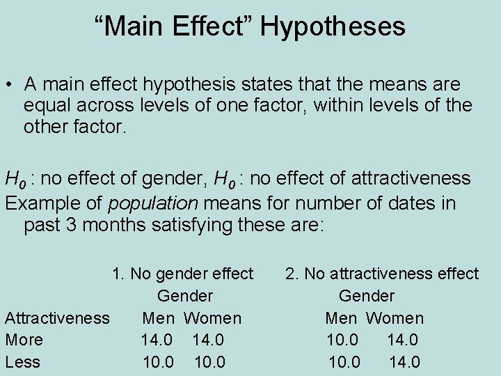 “Main Effect” Hypotheses • A main effect hypothesis states that the means are equal