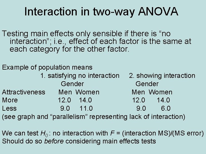 Interaction in two-way ANOVA Testing main effects only sensible if there is “no interaction”;