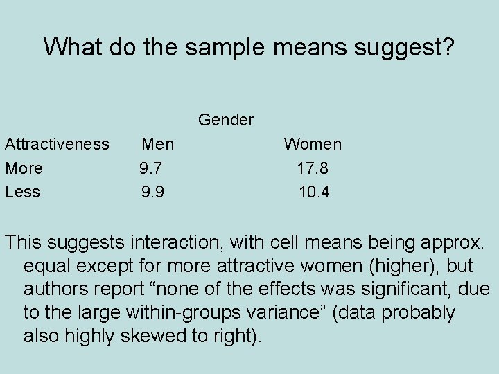What do the sample means suggest? Gender Attractiveness More Less Men 9. 7 9.