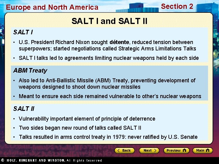 Europe and North America Section 2 SALT I and SALT II SALT I •