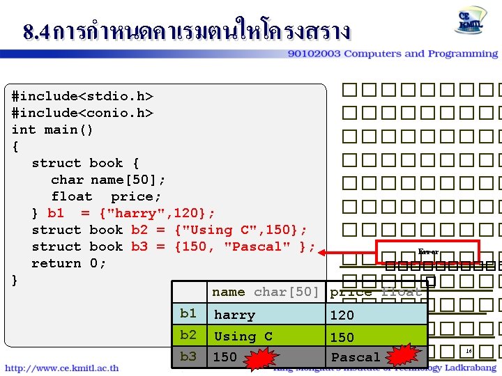 8. 4 การกำหนดคาเรมตนใหโครงสราง ����� #include<stdio. h> #include<conio. h> ����� int main() ����� { �����