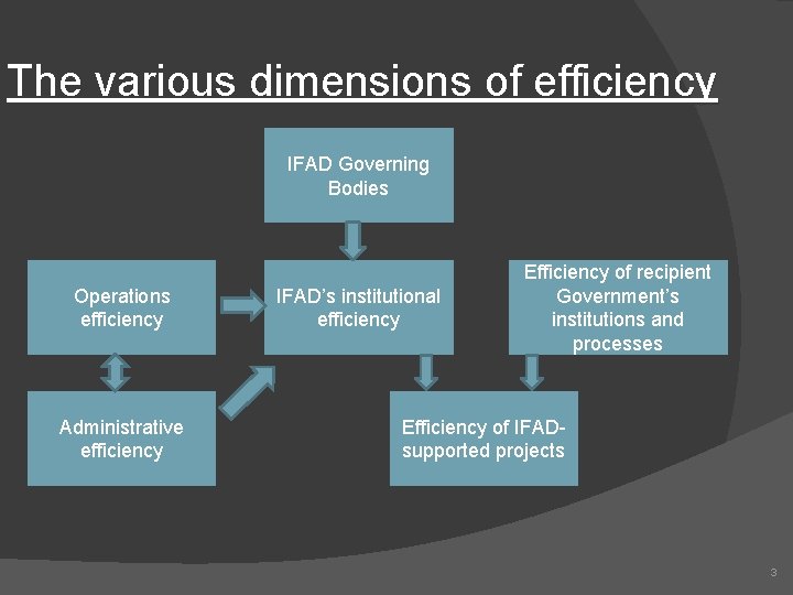 The various dimensions of efficiency IFAD Governing Bodies Operations efficiency Administrative efficiency IFAD’s institutional