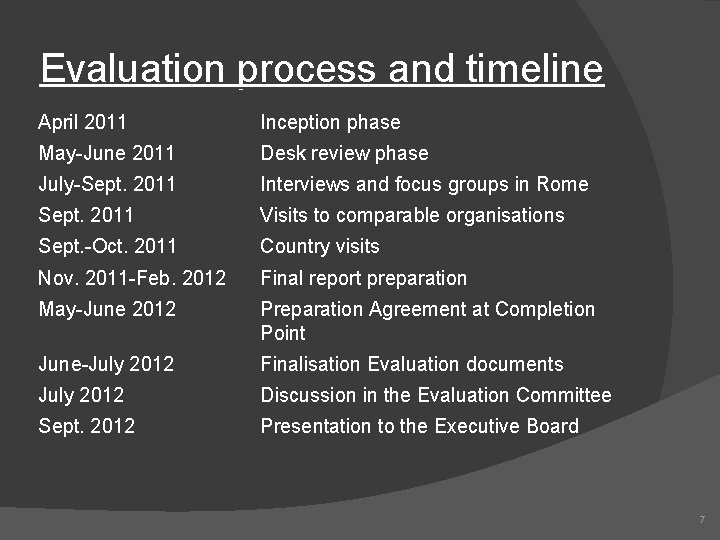 Evaluation process and timeline April 2011 Inception phase May-June 2011 Desk review phase July-Sept.