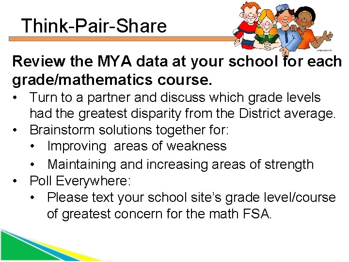 Think-Pair-Share Review the MYA data at your school for each grade/mathematics course. • Turn