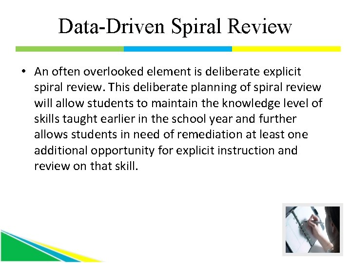 Data-Driven Spiral Review • An often overlooked element is deliberate explicit spiral review. This