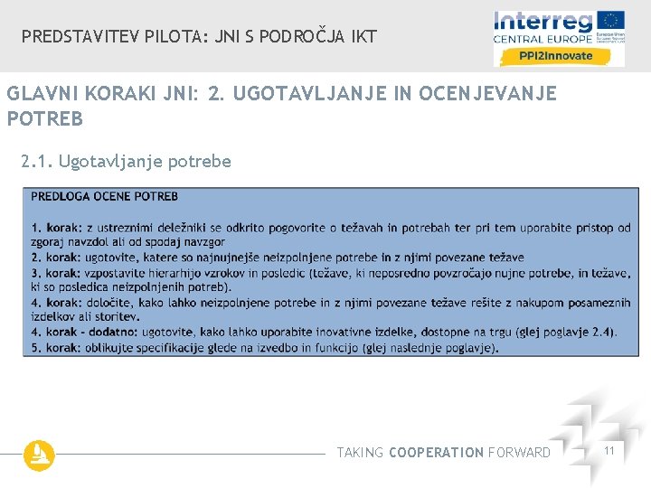 PREDSTAVITEV PILOTA: JNI S PODROČJA IKT GLAVNI KORAKI JNI: 2. UGOTAVLJANJE IN OCENJEVANJE POTREB