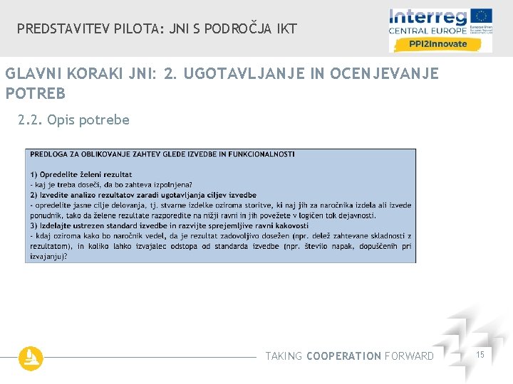 PREDSTAVITEV PILOTA: JNI S PODROČJA IKT GLAVNI KORAKI JNI: 2. UGOTAVLJANJE IN OCENJEVANJE POTREB