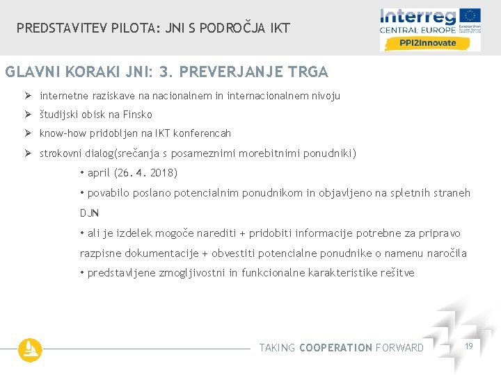 PREDSTAVITEV PILOTA: JNI S PODROČJA IKT GLAVNI KORAKI JNI: 3. PREVERJANJE TRGA Ø internetne