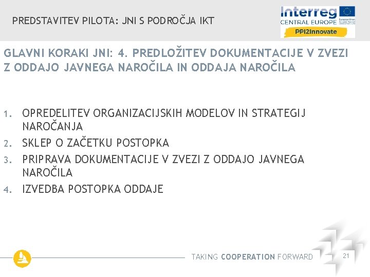 PREDSTAVITEV PILOTA: JNI S PODROČJA IKT GLAVNI KORAKI JNI: 4. PREDLOŽITEV DOKUMENTACIJE V ZVEZI