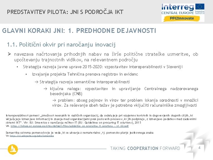 PREDSTAVITEV PILOTA: JNI S PODROČJA IKT GLAVNI KORAKI JNI: 1. PREDHODNE DEJAVNOSTI 1. 1.