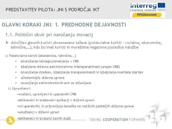 PREDSTAVITEV PILOTA: JNI S PODROČJA IKT GLAVNI KORAKI JNI: 1. PREDHODNE DEJAVNOSTI 1. 1.