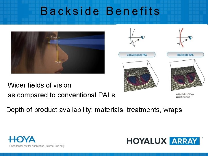 Backside Benefits Wider fields of vision as compared to conventional PALs Depth of product