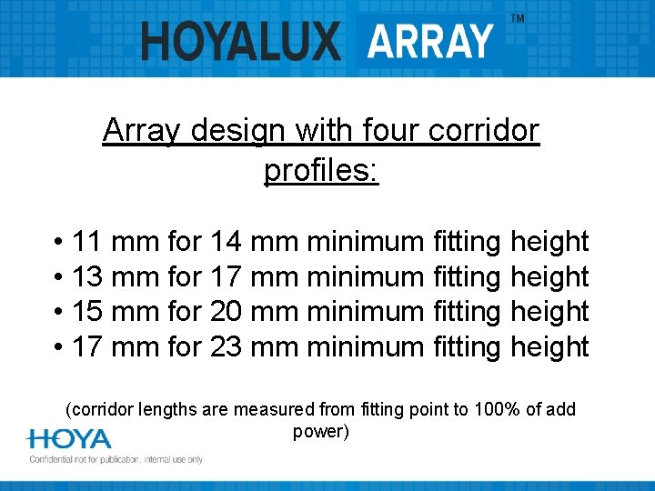 Array design with four corridor profiles: • 11 mm for 14 mm minimum fitting