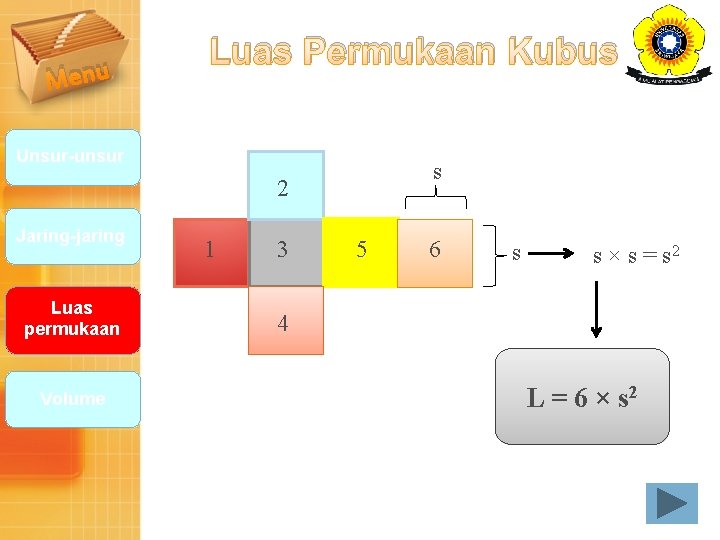 Menu Luas Permukaan Kubus Unsur-unsur s 2 Jaring-jaring Luas permukaan Volume 1 3 5