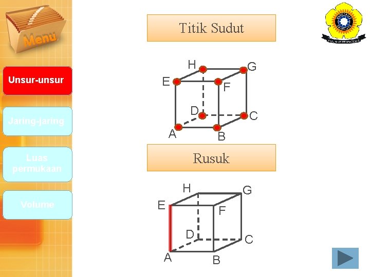 Titik Sudut Menu H Unsur-unsur G E F D Jaring-jaring A C B Rusuk