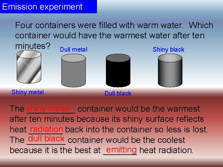 Emission experiment Four containers were filled with warm water. Which container would have the