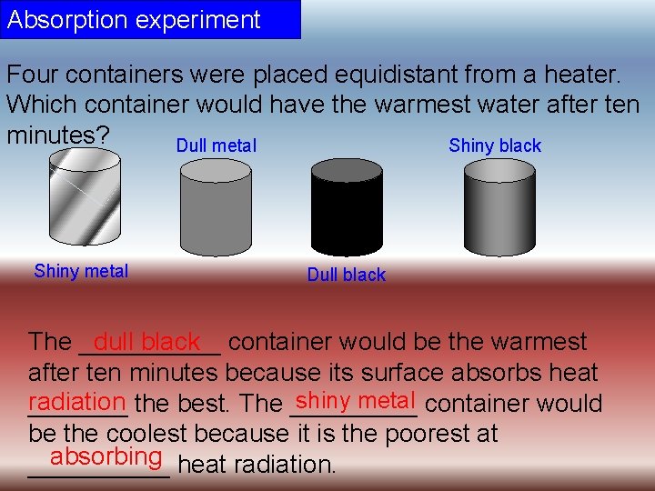 Absorption experiment Four containers were placed equidistant from a heater. Which container would have