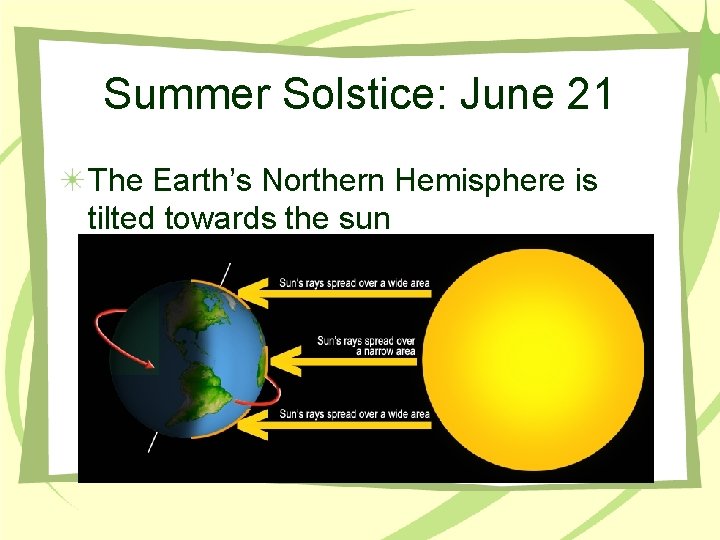 Summer Solstice: June 21 The Earth’s Northern Hemisphere is tilted towards the sun 