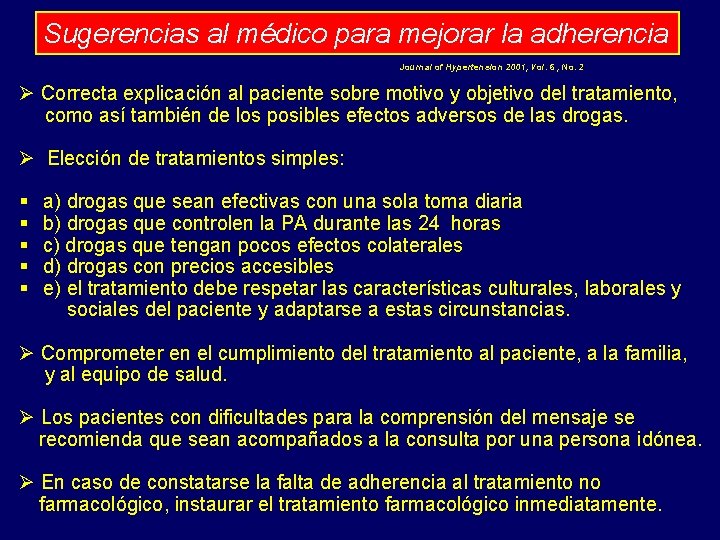 Sugerencias al médico para mejorar la adherencia Journal of Hypertension 2001, Vol. 6 ,