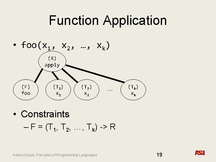 Function Application • foo(x 1, x 2, …, xk) (R) apply (F) foo (T
