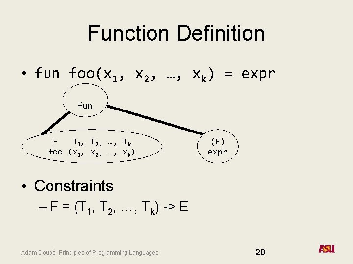 Function Definition • fun foo(x 1, x 2, …, xk) = expr fun F