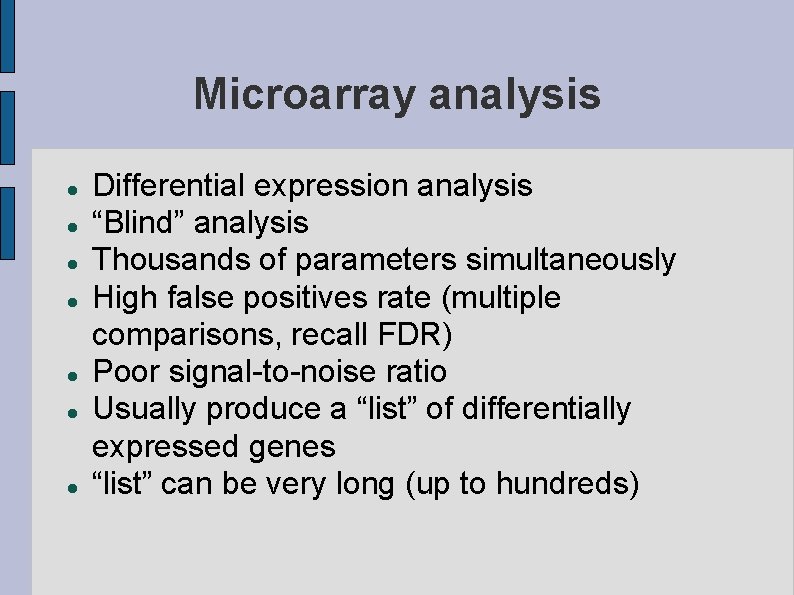 Microarray analysis Differential expression analysis “Blind” analysis Thousands of parameters simultaneously High false positives