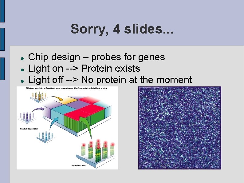 Sorry, 4 slides. . . Chip design – probes for genes Light on -->