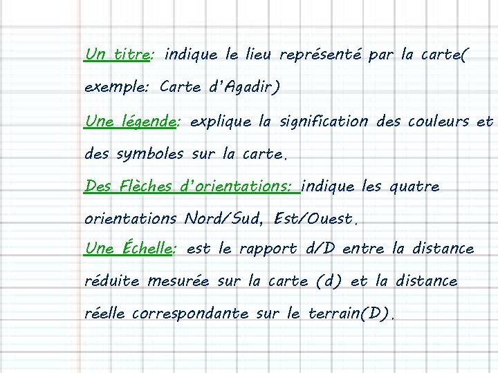 Un titre: indique le lieu représenté par la carte( exemple: Carte d’Agadir) Une légende: