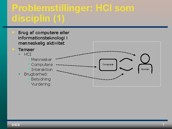 Problemstillinger: HCI som disciplin (1) • • Brug af computere eller informationsteknologi i menneskelig