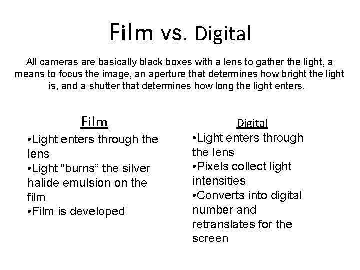 Film vs. Digital All cameras are basically black boxes with a lens to gather