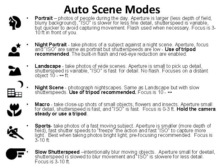 Auto Scene Modes • Portrait – photos of people during the day. Aperture is