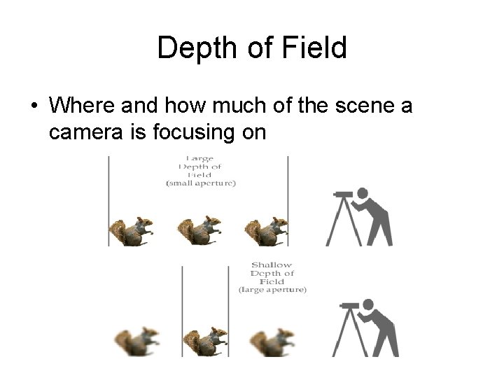 Depth of Field • Where and how much of the scene a camera is